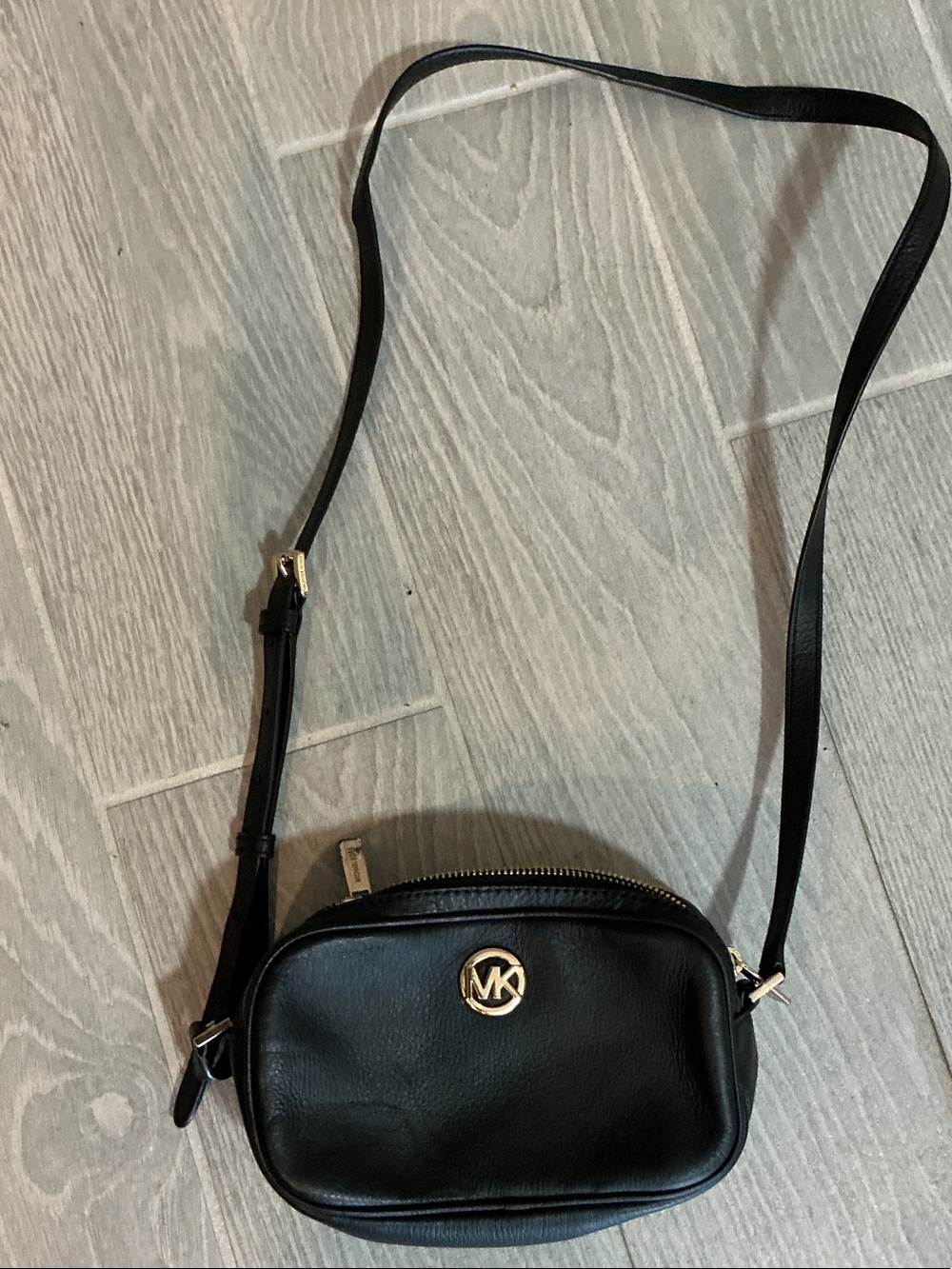 Michael Kors Black Pebbled Leather MK Medallion Small Crossbody Bag